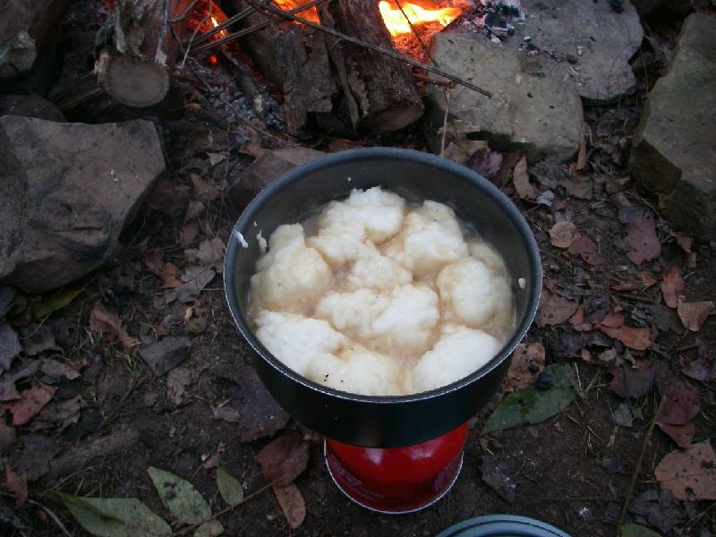 shawnee-day2-4.JPG - My MountainHouse package of Biscuits and Gravy.  This is after like 8 minutes of cooking the biscuits so they puff up.  I added Tyson pouch of Chicken and split this with Jamie.  Yum.