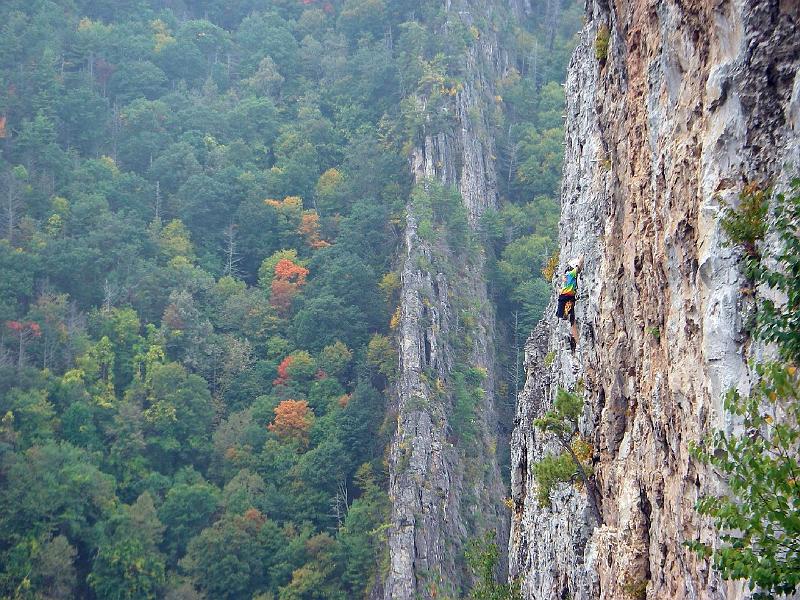 nelson-via-91.JPG - Someone climbs up the headwall.